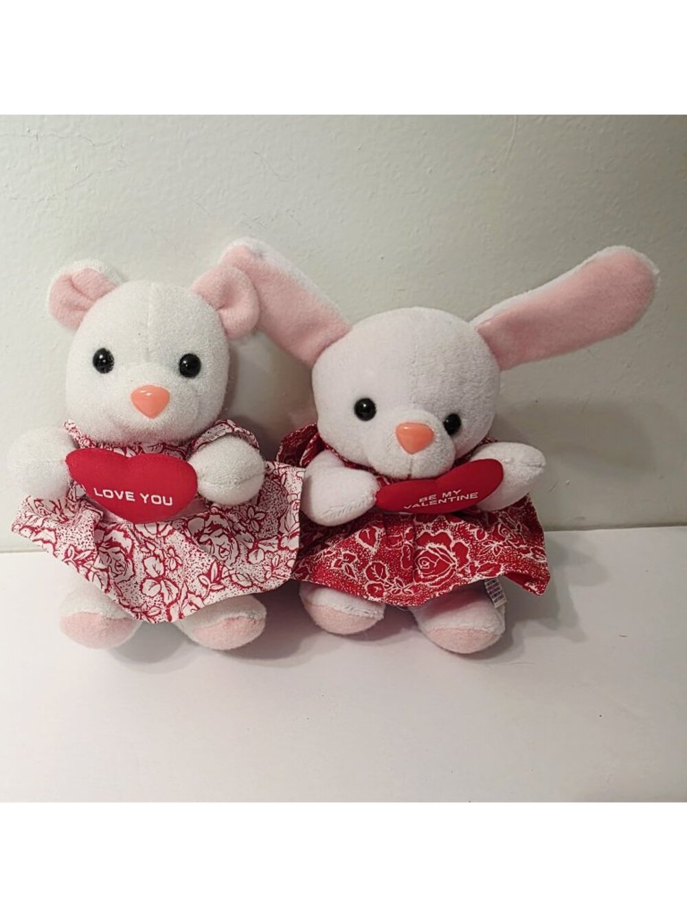 2 Vtg Kids America White Pink Nose Ears Mini Teddy Bear Mouse Heart Love Plush